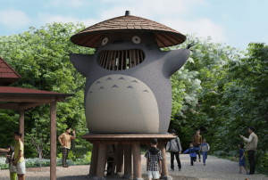 El bosque de Dondoko con un personaje similar a Totoro, Ghibli Park.